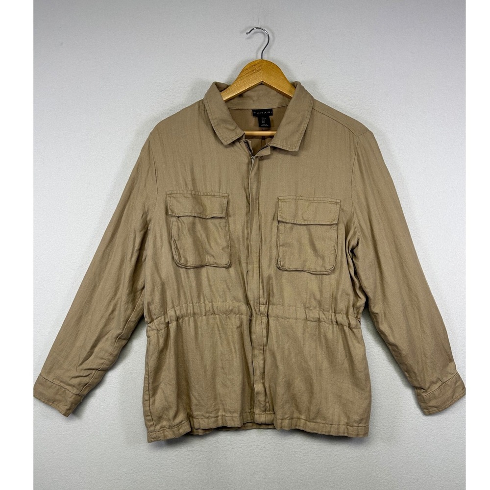 Safari Utility Tahari Women L Tan Lyocell Linen Herringbone Zip Up‎ Jacket